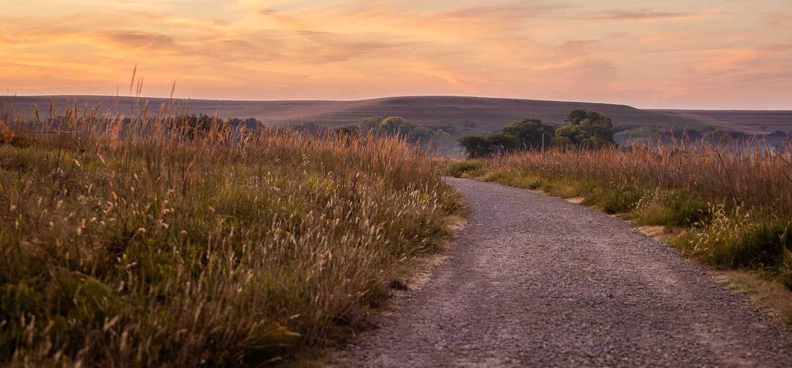 A path through scenic Kansas prairie at sunrise
