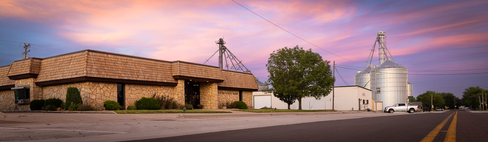 Citizens State Bank on Main Street, Gridley, Kansas at Sunset