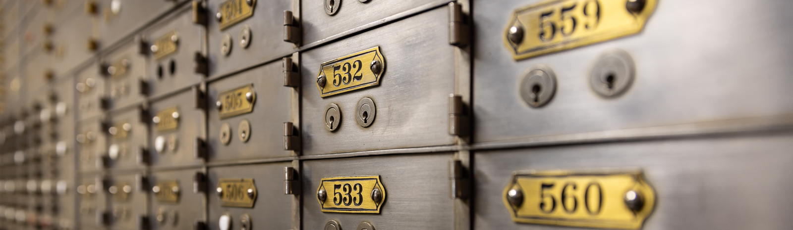 Wall of safe deposit boxes in vault at Citizens State Bank